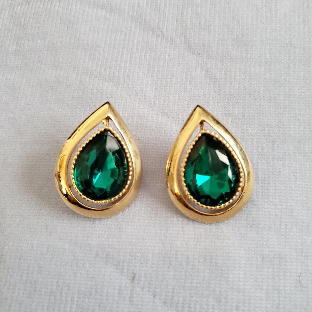 Women's‎ Fashion Jewelry Gold-Tone Emerald Water Drop Shape Earrings - Picture 2 of 9